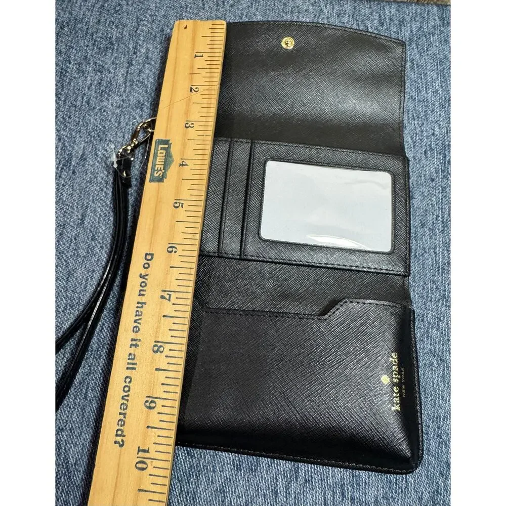 Black Kate Spade Saffiano Leather Trifold Wallet Gold-Toned Logo Plaque